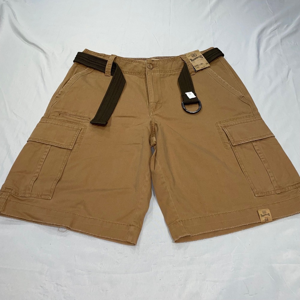 Roebuck & Co Mens Cargo Shorts Brown Cotton Twill with Belt Size 34 12in Inseam